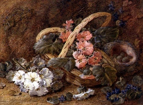 Bir kuş yuvası ve bir sepet çiçek (suluboya) by Vincent Clare