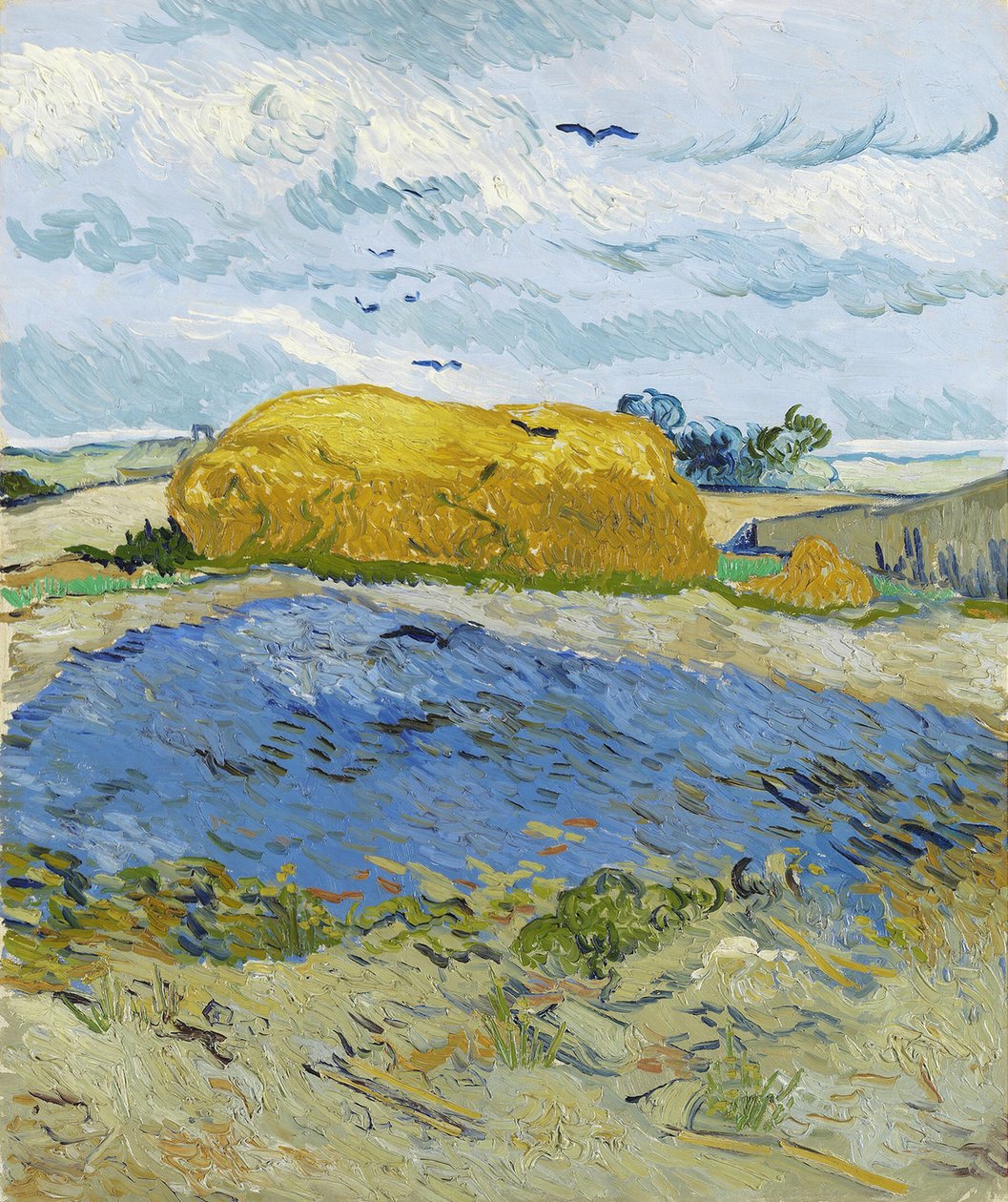 Bulutlu bir gökyüzünün altında buğday yığını, Auvers-sur-Oise, 1889. by Vincent van Gogh