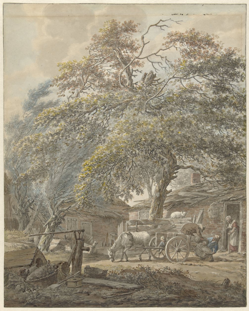 İki adamın at arabasına beşik yüklediği çiftlik avlusu by Vincent Jansz. van der Vinne