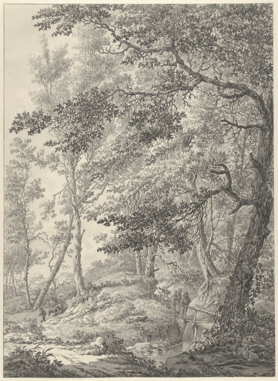 Ahşap bir köprü ve iki yürüteç ile orman manzarası by Vincent Jansz. van der Vinne