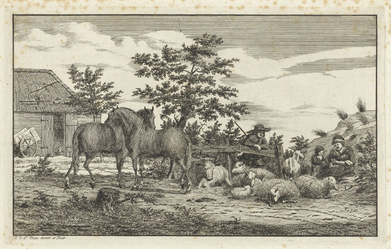 Oturan kadın ve koyun ve iki atlı çocuklar ile çoban by Vincent Jansz. van der Vinne