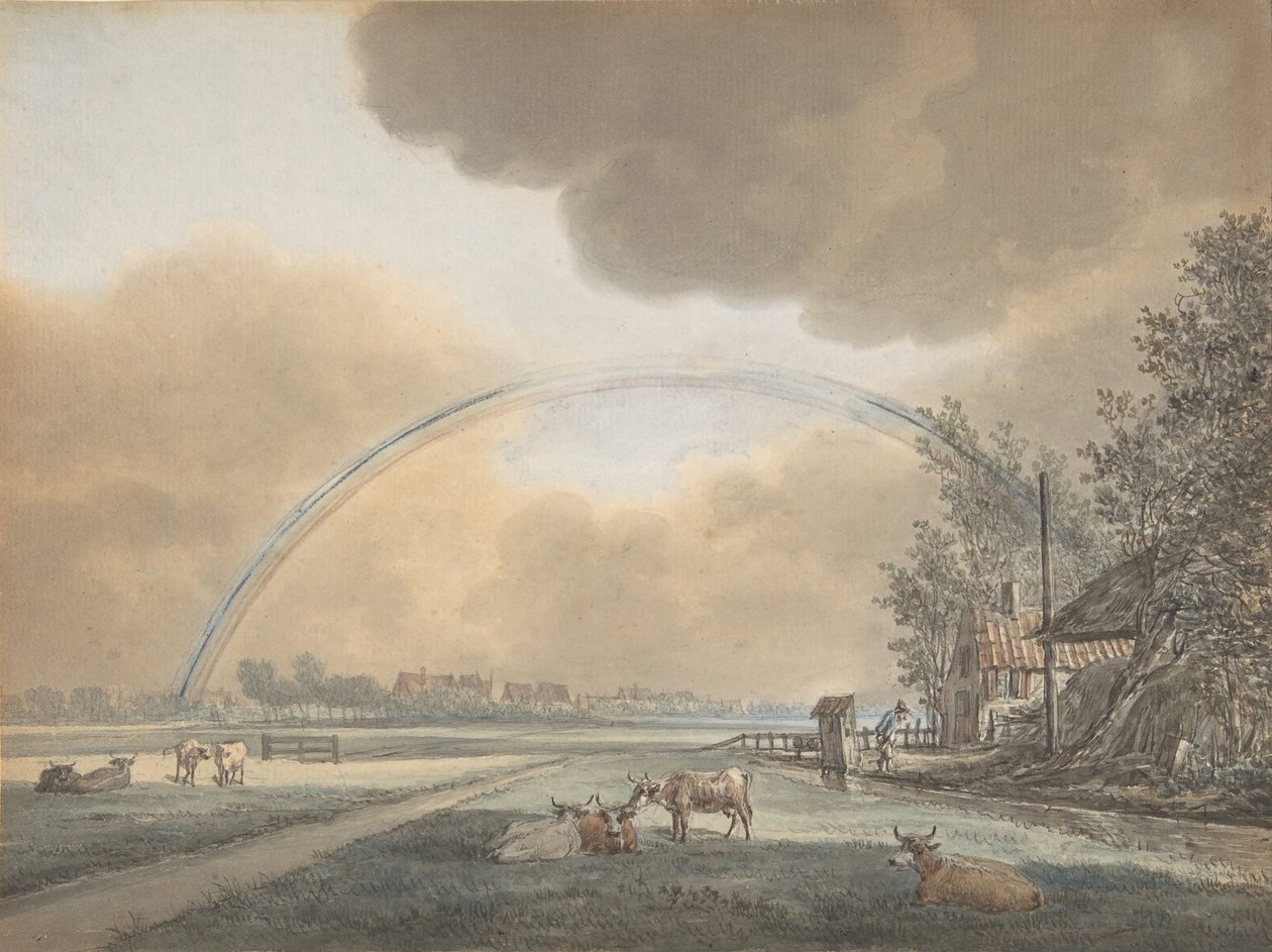 Bir Çiftlik Evi ve Uzak Köy Üzerinde Gökkuşağı ile Manzara, n.d.. by Vincent Jansz. van der Vinne