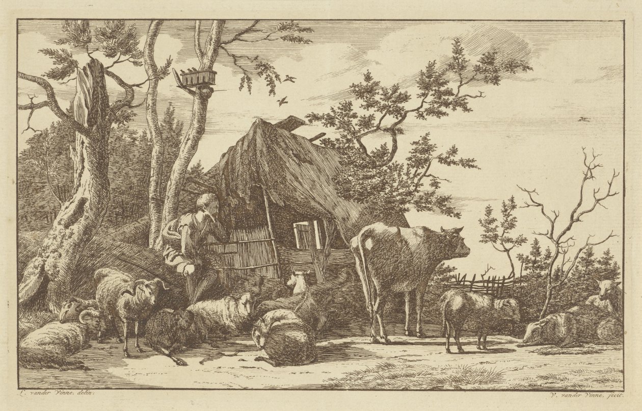 Terkedilmiş Bir Ahırın Önünde Sığır Oturan Çoban by Vincent Jansz. van der Vinne