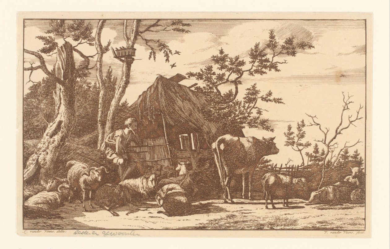 Terkedilmiş Bir Ahırın Önünde Sığır Oturan Çoban by Vincent Jansz. van der Vinne