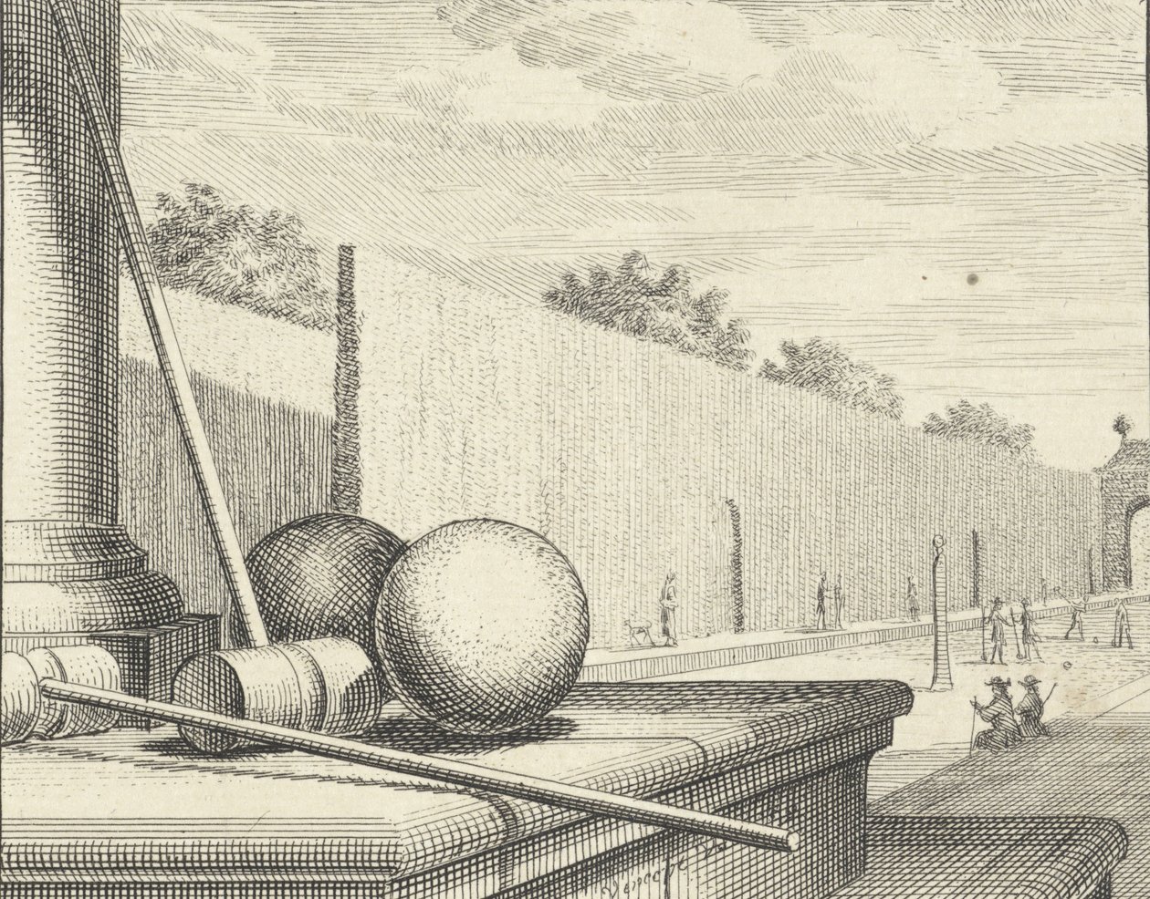 Arka planda kroket oyuncuları olan Kroket Nitelikleri, 1714. by Vincent Laurensz Vinne van der