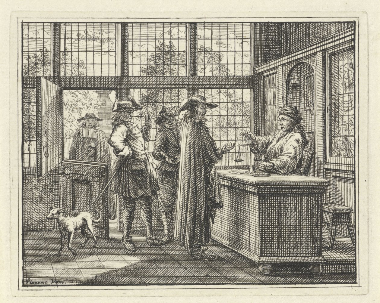 Altın ölçek ve müşterilerle iç mekan by Vincent Laurensz. van der Vinne (II)