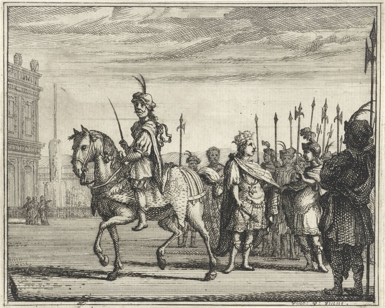 At sırtında hizmetçi ve yaya kral by Vincent Laurensz. van der Vinne (II)