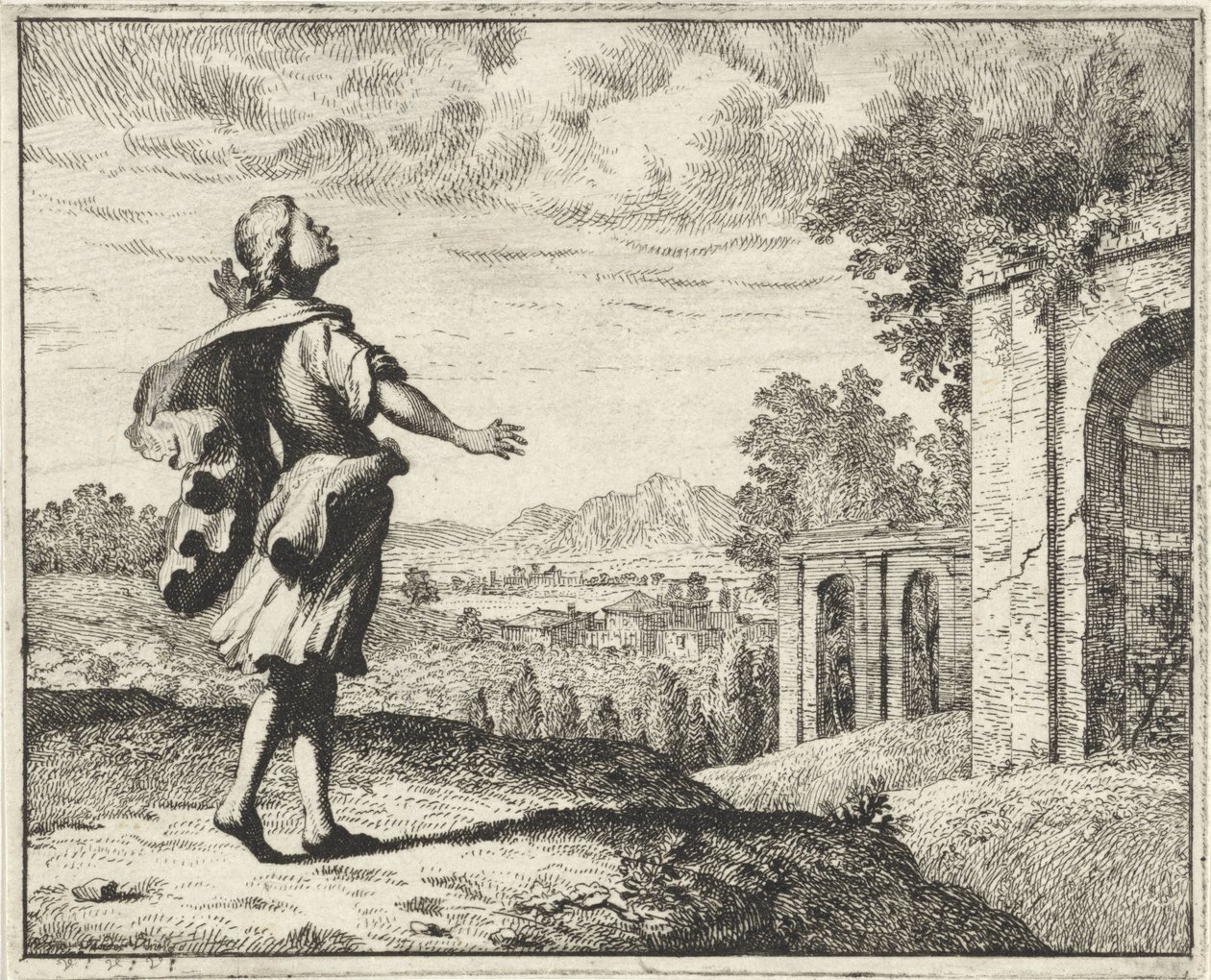 Gökyüzüne bakan bir manzaradaki adam by Vincent Laurensz. van der Vinne (II)