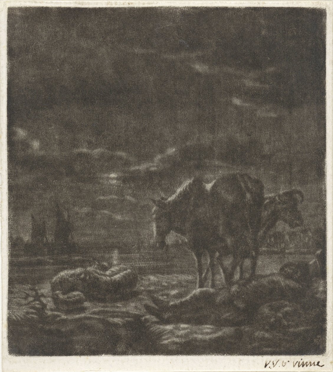 Uyuyan çoban ve sığır ile gece manzarası by Vincent Laurensz. van der Vinne (II)