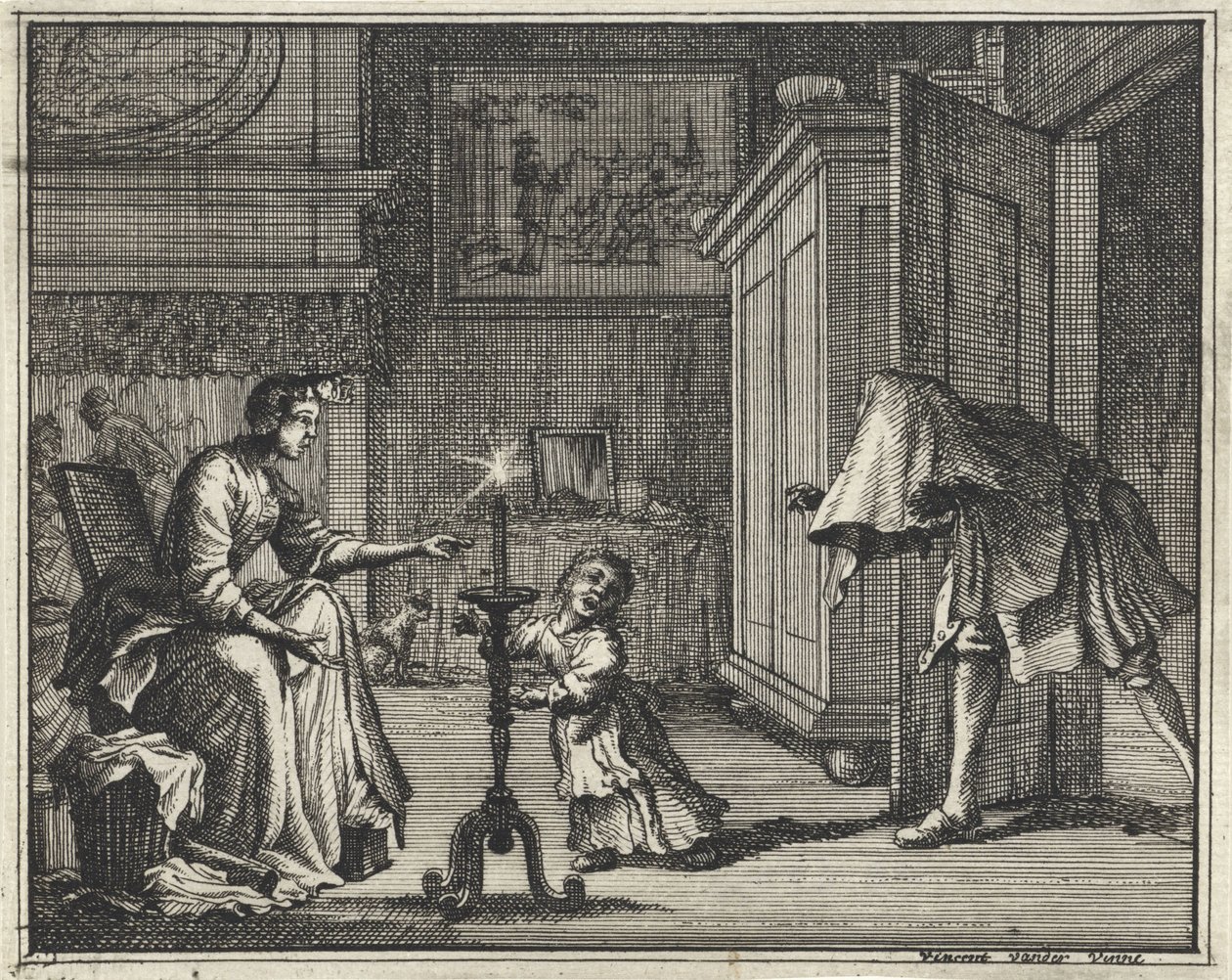 Baba bir çocuğu bir iç mekanda korkutuyor by Vincent Laurensz. van der Vinne (II)