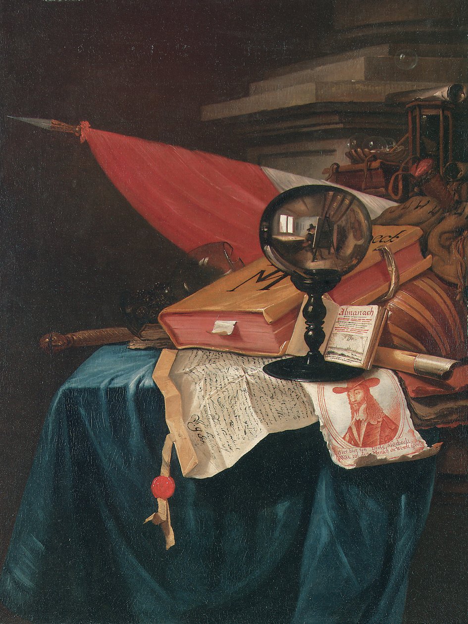 Vanitas sanatçının şövalesiyle kristal bir küreye yansıyan natürmort by Vincent Laurensz van der Vinne