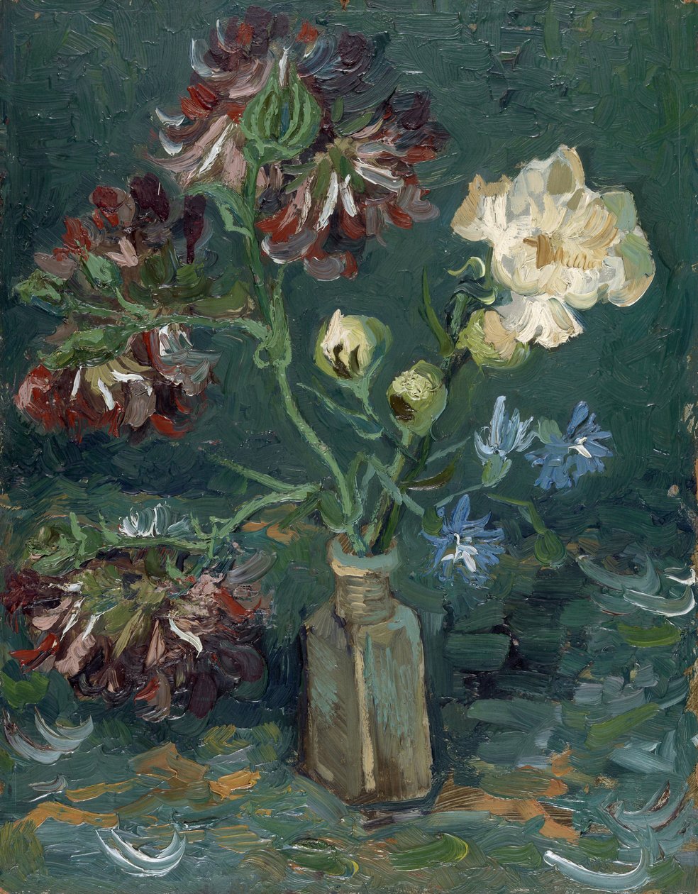 Şakayık ve Mavi Delphiniums ile Şişe Gogh, Vincent, van (1853-1890). Karton üzerine yağlı boya, boyut: 34.5x27 by Vincent van Gogh