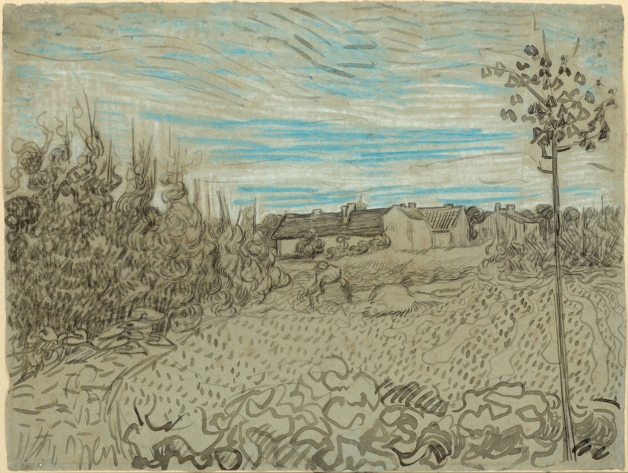 Orta Sahada Çalışan Kadının Olduğu Kulübeler by Vincent van Gogh