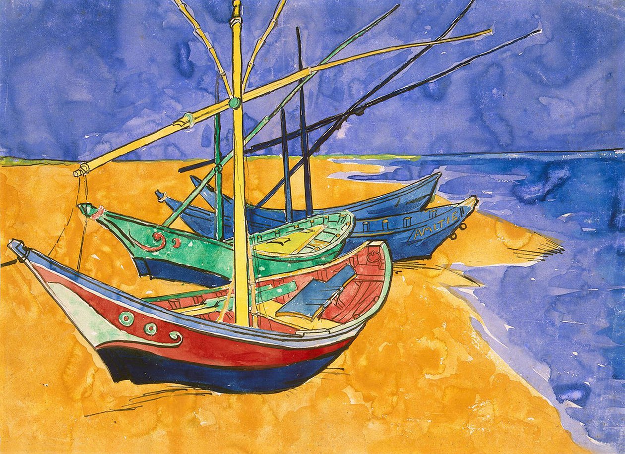 Saintes-Maries-de-la-Mer Sahilinde Balıkçı Tekneleri (kağıt üzerine suluboya ile kalem ve mürekkep) by Vincent van Gogh