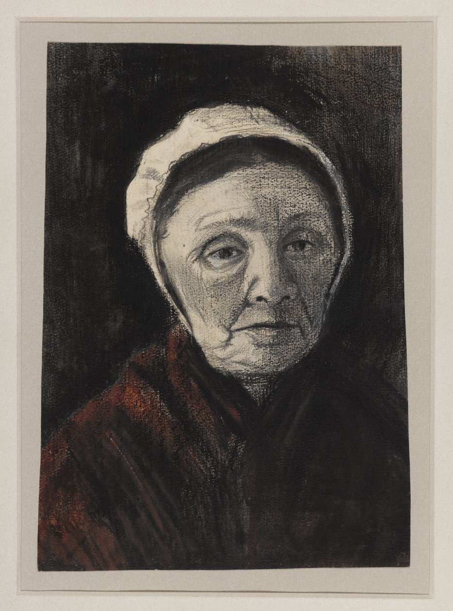 Scheveninger şapkalı yaşlı bir kadının başı, 1882-83 (kağıt üzerinde kömür, siyah ve kahverengi tebeşir) by Vincent van Gogh