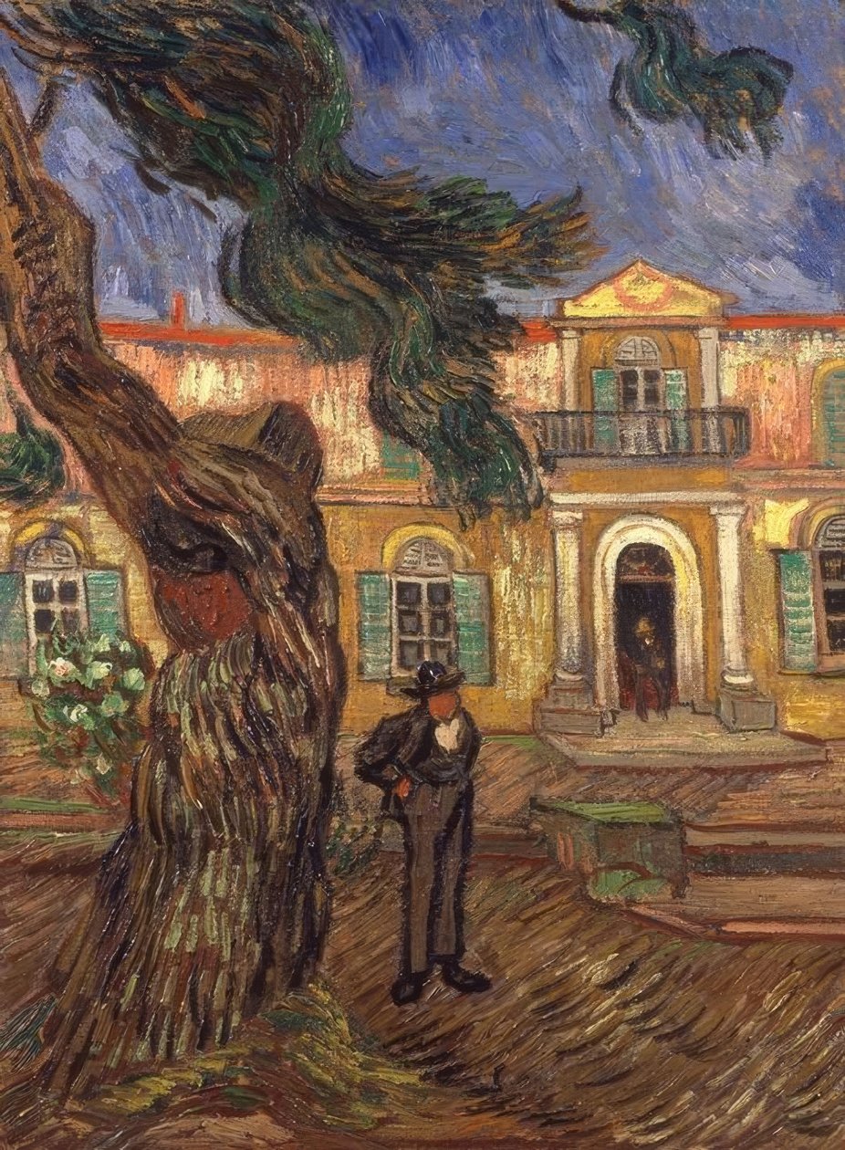 Saint-Paul Hastanesi önü çam ağacı ve figür by Vincent van Gogh