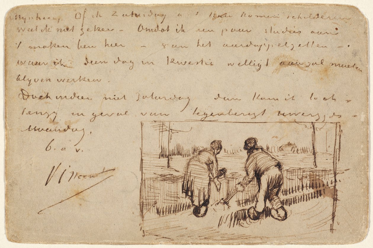Kazma İki Köylü ile Kartpostal, 1885 (kartpostalda kalem ve kahverengi mürekkep) by Vincent van Gogh