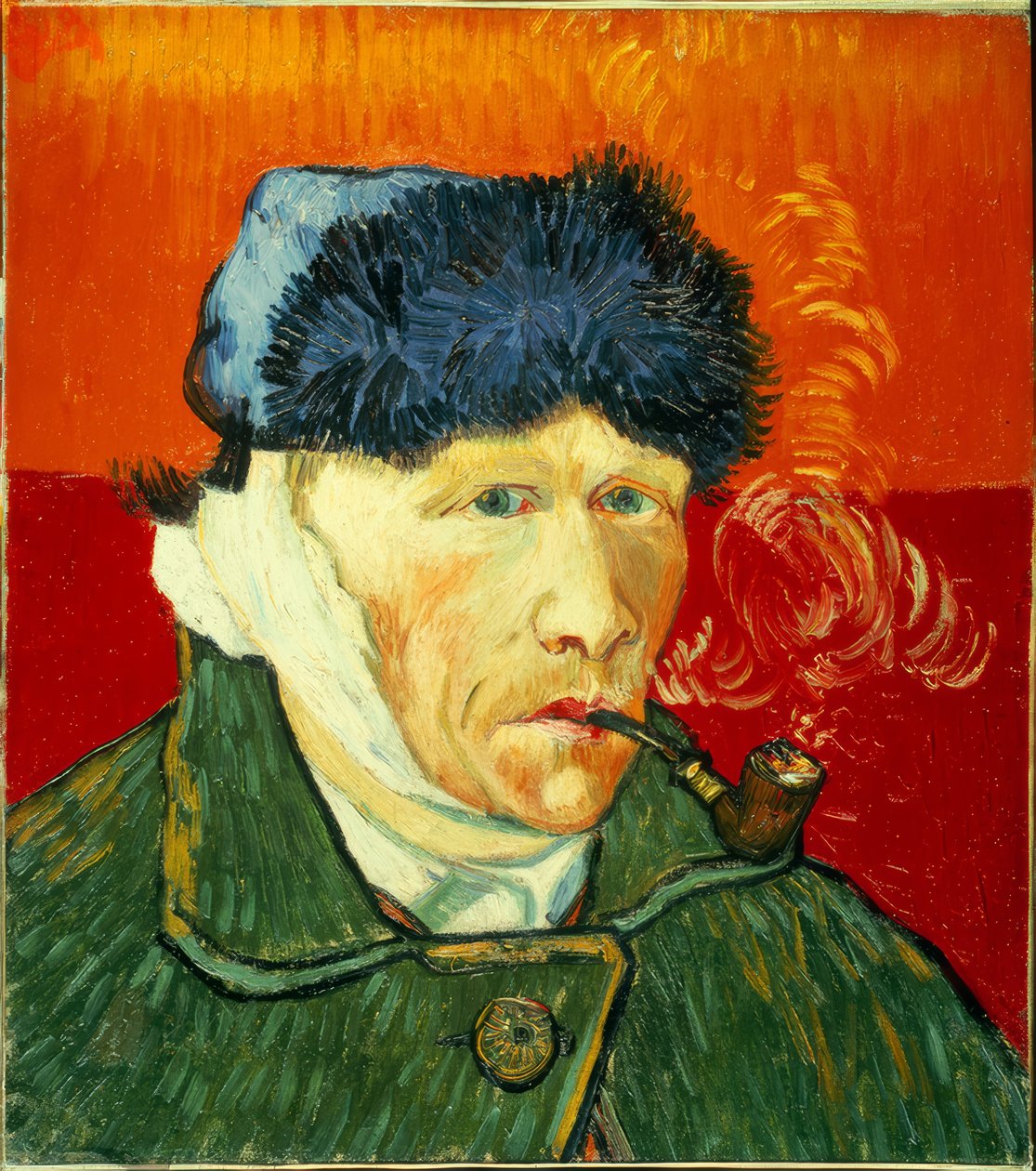 Kürk şapkalı, bandajlı kulaklı ve pipolu otoportre by Vincent van Gogh