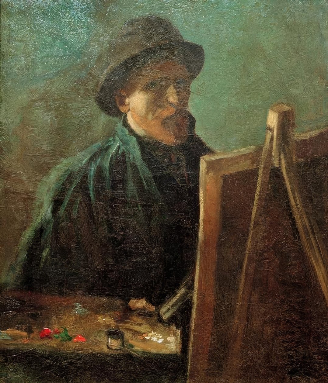 Şövale önünde koyu kürk şapkalı otoportre by Vincent van Gogh