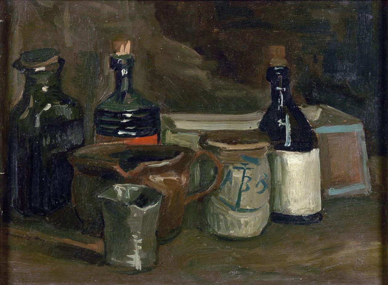 Gogh, Vincent, van (1853-1890) ile şişe ve çanak çömlek ile natürmort. Tuval üzerine yağlı boya, ebat : 31,5x41,8 by Vincent van Gogh