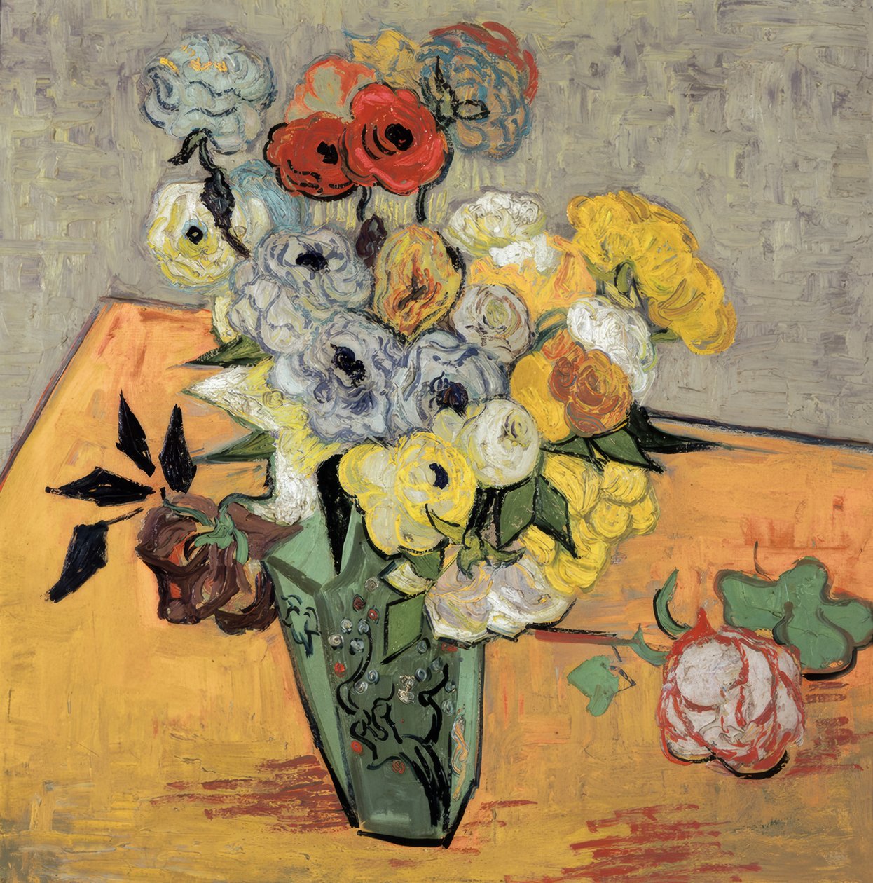 Japon vazo, gül ve anemon ile natürmort by Vincent van Gogh