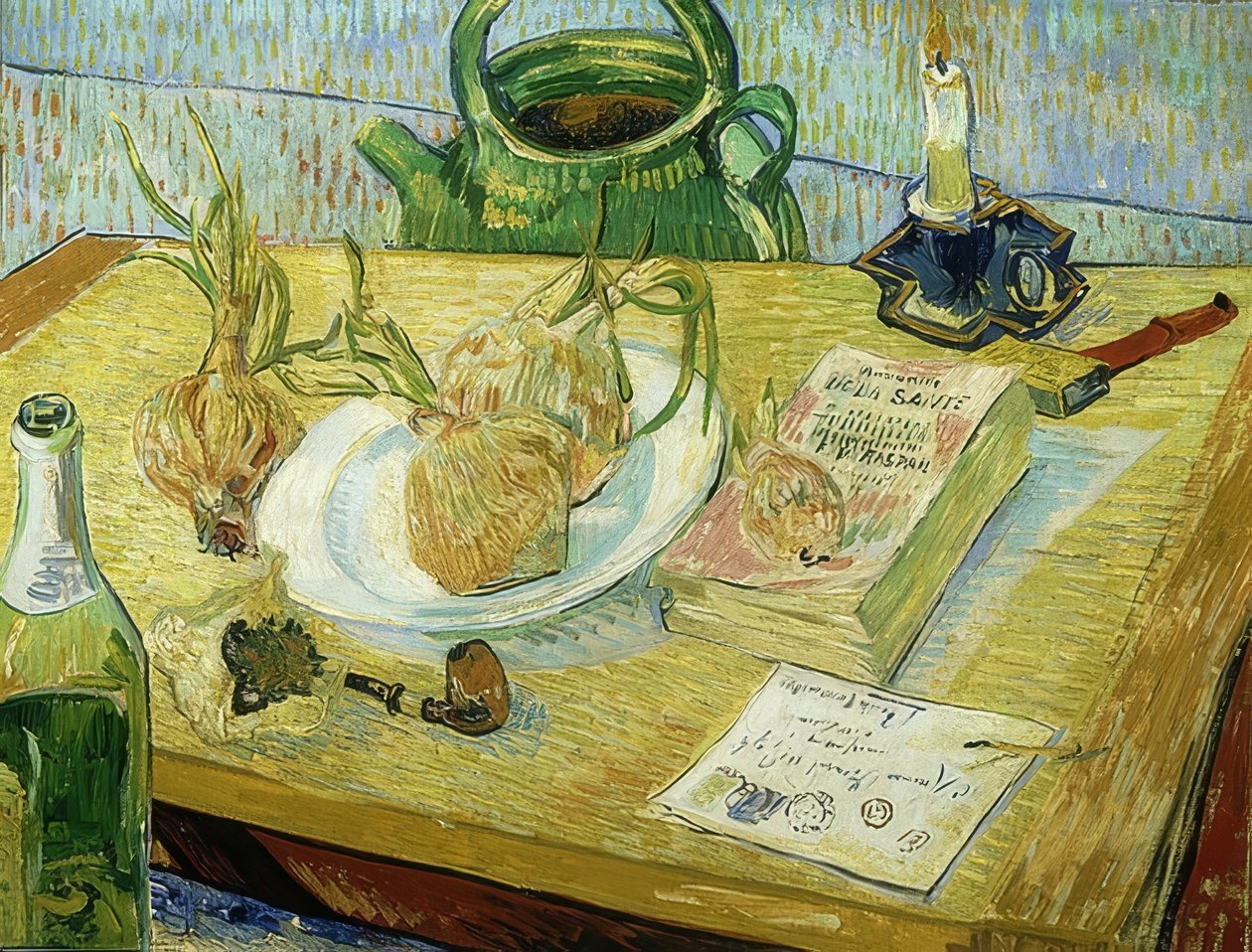 Çizim tahtası, boru, soğan ve mühür mumu ile natürmort. 1889 by Vincent van Gogh