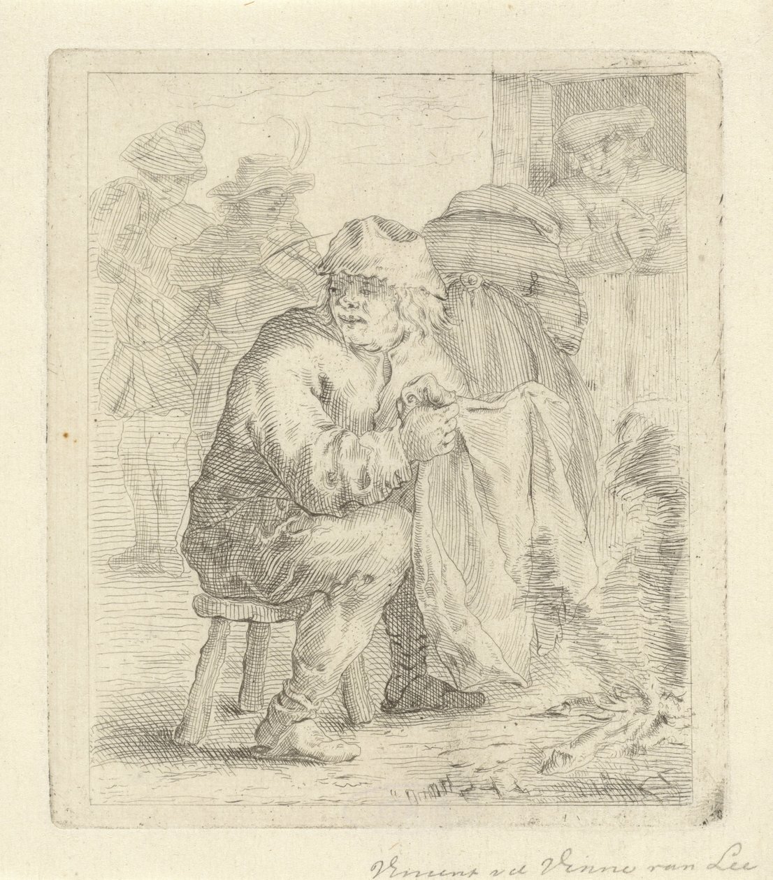Adam bir ateşin yanında bir taburede by Vincent van der Vinne van Lee (signed by artist)