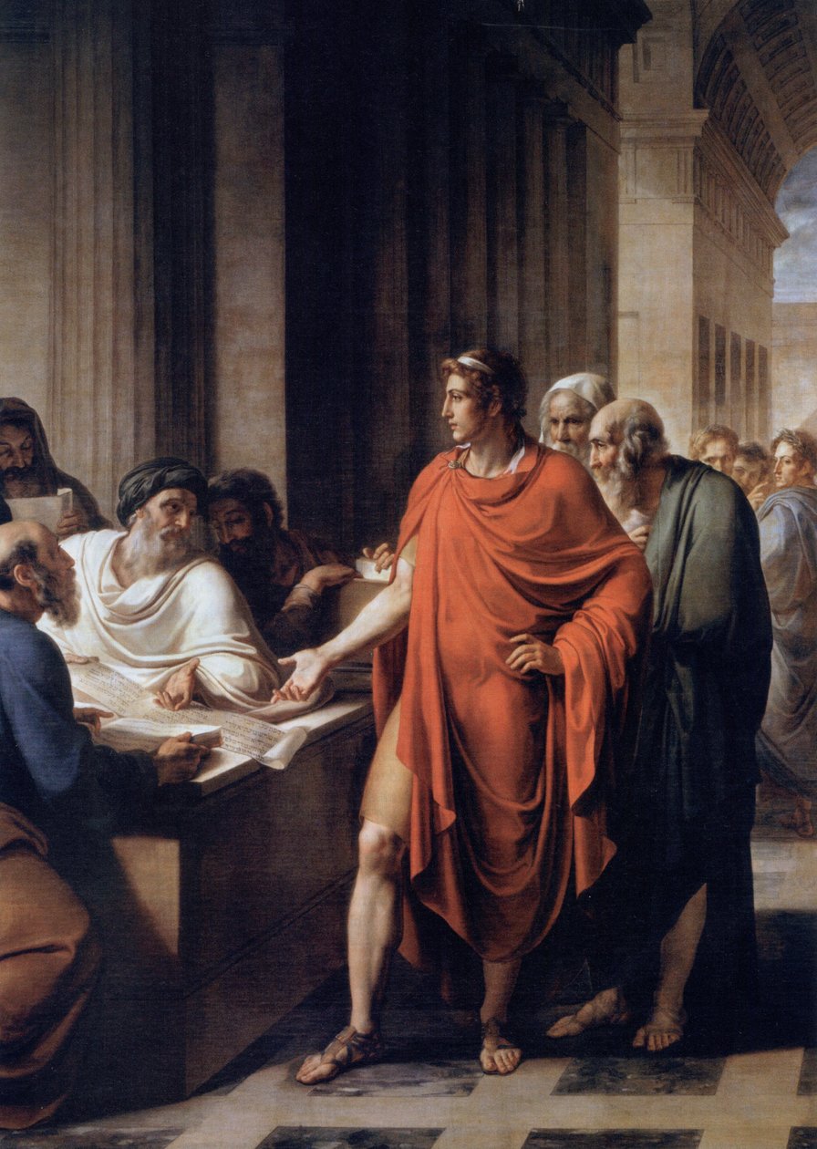 Ptolemy II Philadelphus bir papirüs rulosunu inceliyor by Vincenzo Camuccini