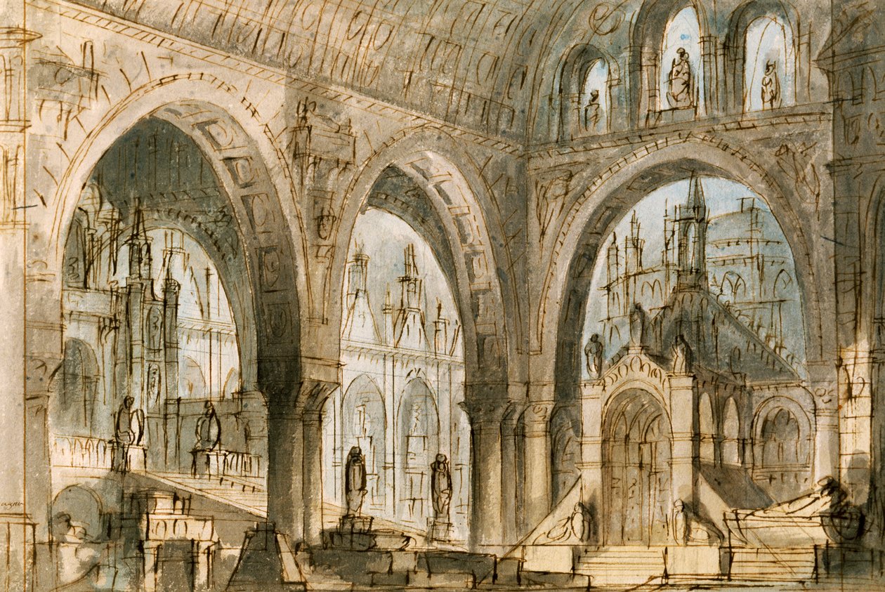 Venedik'teki La Fenice Tiyatrosu'nda sahnelenen Vincenzo Bellini'nin (1801-1835) operası Capuleti ve Montecchi'nin dördüncü sahnesi için Francesco Bagnara'nın set tasarımı by Vincenzo Bellini