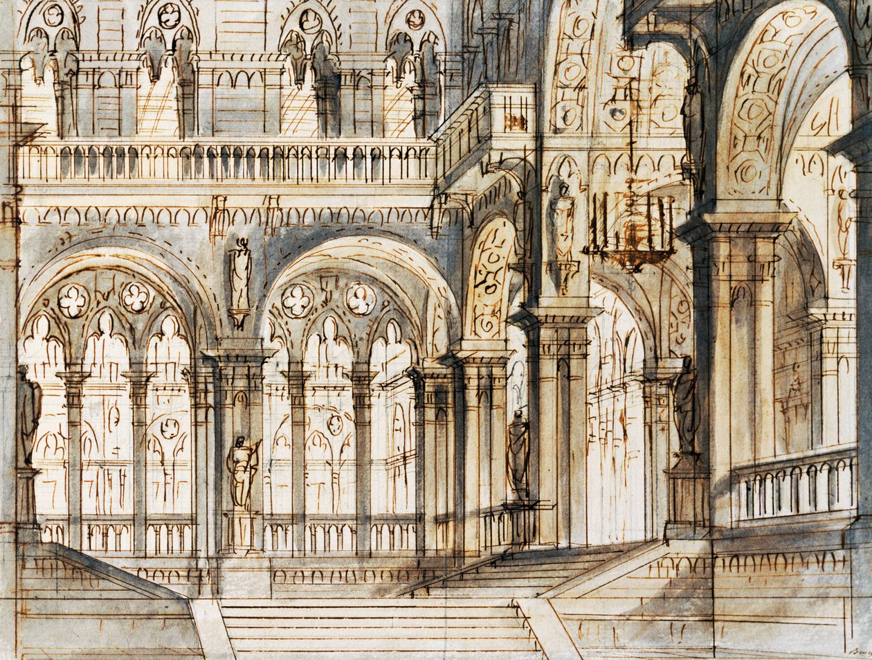 Venedik'teki La Fenice Tiyatrosu'nda sahnelenen Vincenzo Bellini'nin (1801-1835) operası Capuleti ve Montecchi'nin üçüncü sahnesi için Francesco Bagnara'nın set tasarımı by Vincenzo Bellini