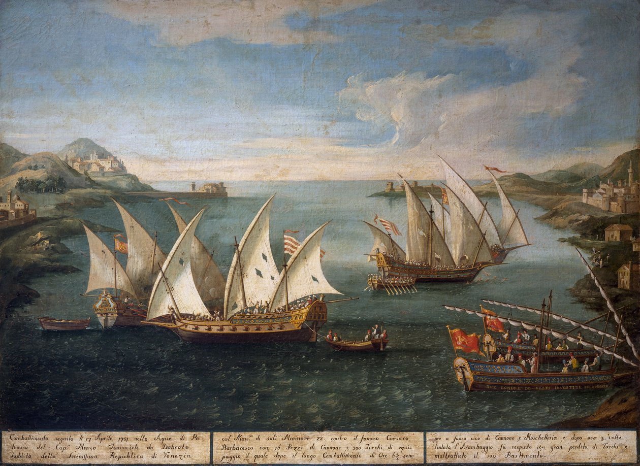 Marco Ivanovich Dobrota'nın Venedik gemileri ile Patras açıklarında Türk gemileri arasında 17 Nisan'da deniz savaşı by Vincenzo Chilone