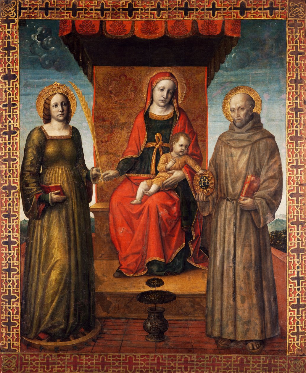 Madonna ve Çocuk Aziz Bernardino ve İskenderiyeli Catherine, Vincenzo Foppa (ca1427 - ca1515) tarafından Orzinuovi alayı bayrağının arka tarafı, tuval üzerine boyama. by Vincenzo Foppa