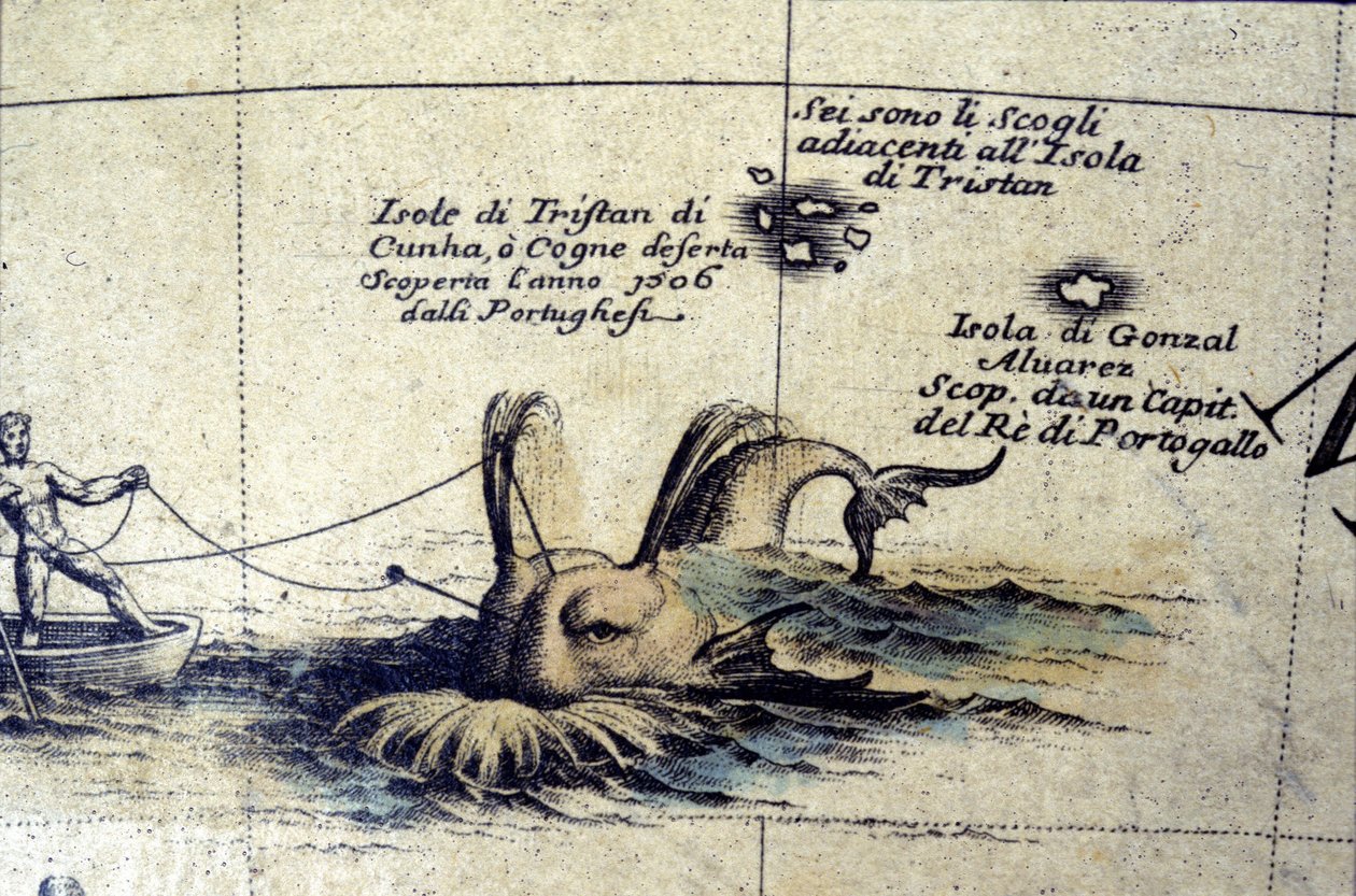 Bir Coronelli küresinin ardından Güney Atlantik'te balina avı. 17. yüzyıl by Vincenzo Maria Coronelli