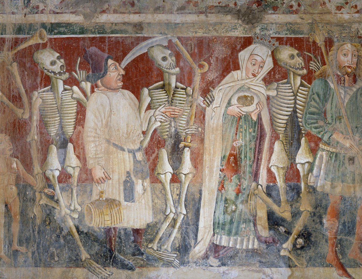 Pazin yakınlarında, kraliçe ve tüccarın eşlik ettiği Ölüm, Ölüm Dansı (1474), detay, St Mary of Rock Kilisesi mezarlık kilisesinde fresk, Vincenzo da Castua, Beram, Istria, Hırvatistan by Vincenzo di Castua