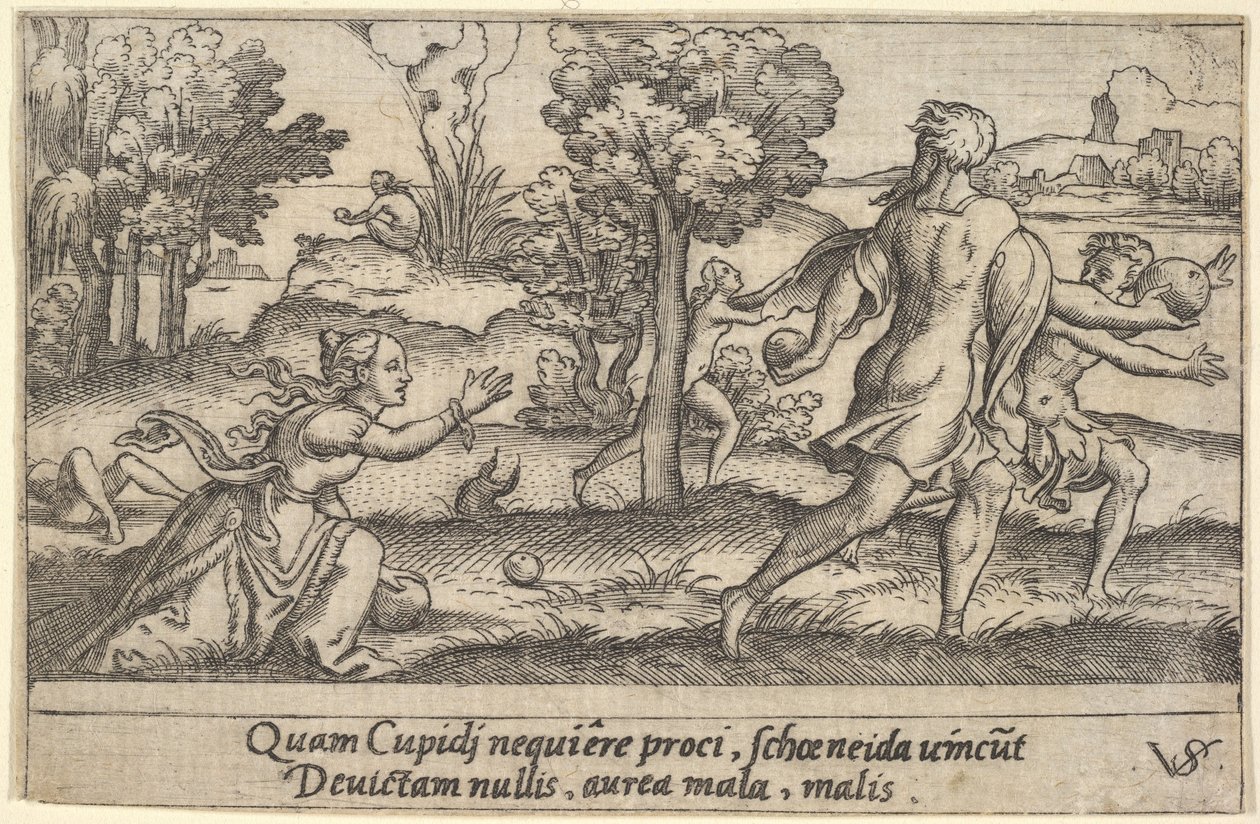 Atalanta ve Hippomenes, ön planda Atalanta bir elma almak için diz çökmüş ve..., ca. 1535-62. by Virgil Solis