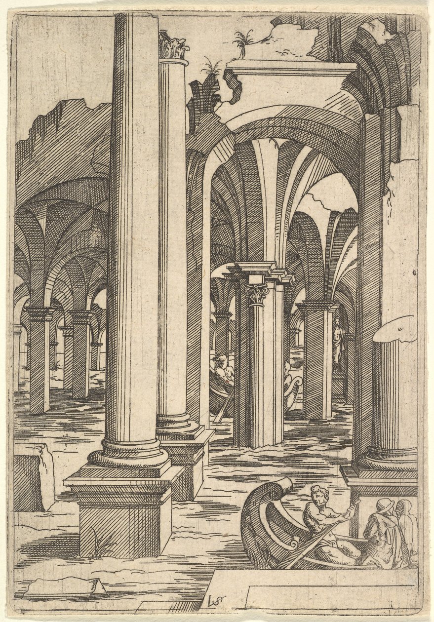 Su Altında Kalan Harabelerde Kürek Çeken Tekneler, ca. 1550-62. by Virgil Solis
