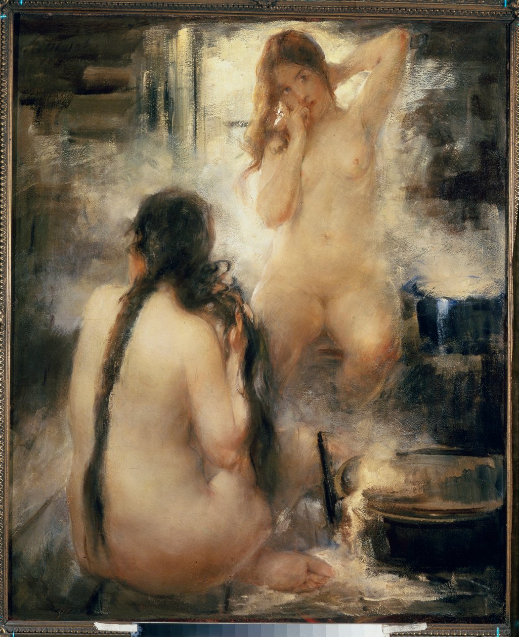 Dans un bain devapor (sauna) - Buhar banyosunda - Saçlarını tarayan ve geleneksel Rus hidroterapisinin faydalarından yararlanan iki çıplak genç kadın - Vitali Gavrilovich Tikhov (1876-1939), tuval üzerine yağlı boya, 20. yüzyılın başları - Rus sanatı -Topl by Vitali Gvrilovich Tikhov