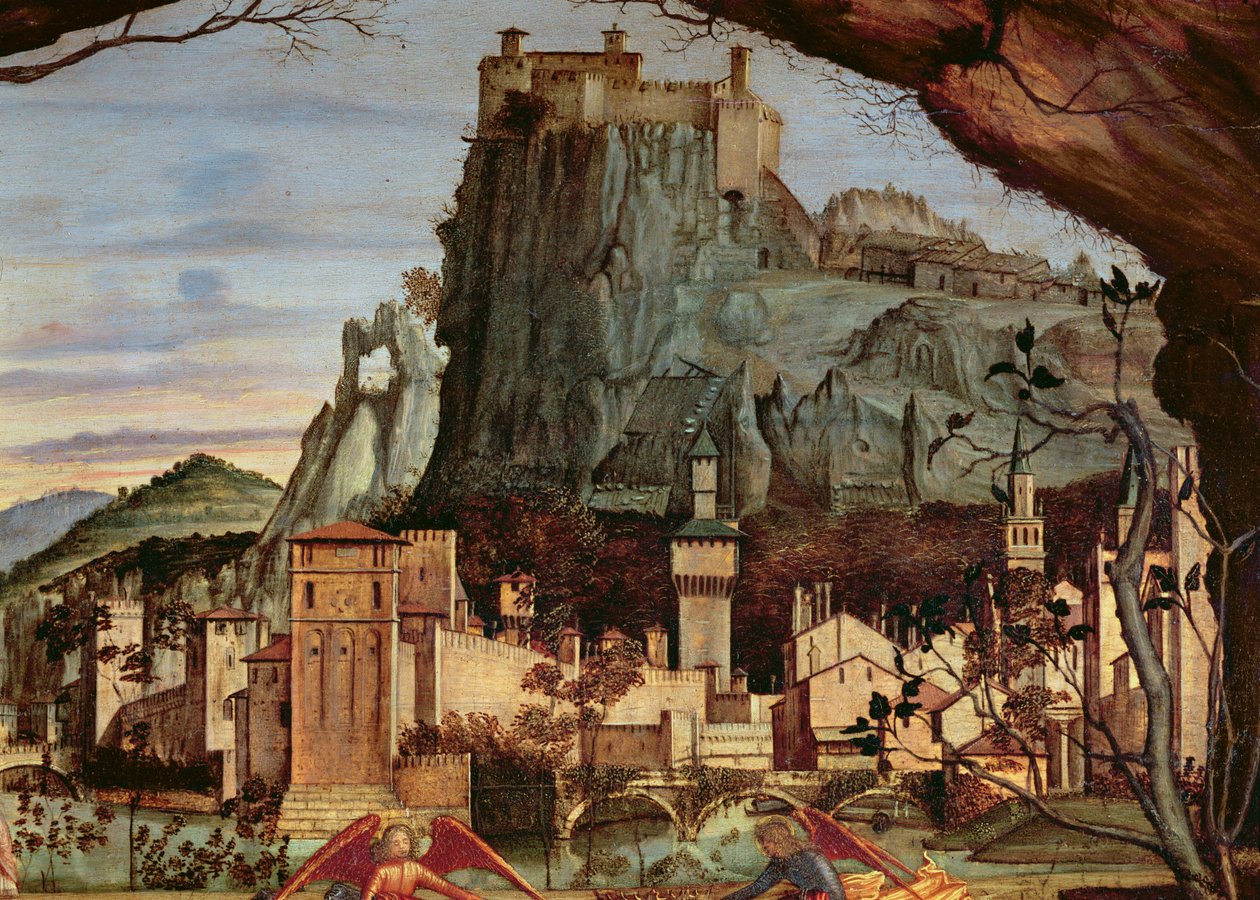 Sacra conversazione, arka planda kasaba ve kale detayı 84002 panel detayı by Vittore Carpaccio