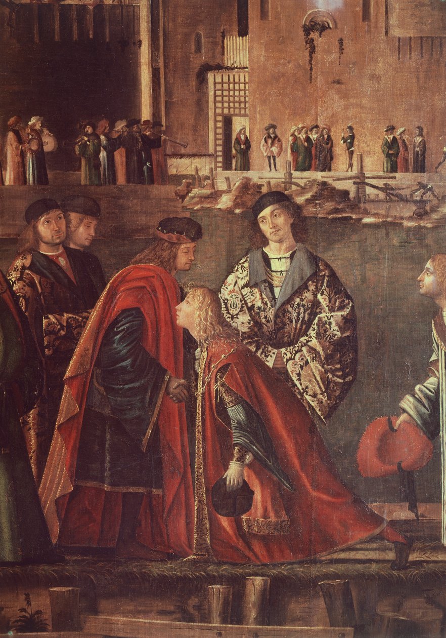 Aziz Ursula Hikayeleri, Etherius ve Ursula'nın Buluşması ve Hacıların Ayrılışı, Ereo'nun babasından ayrılması, yazan Vittore Carpaccio (yaklaşık 1465- ca 1526), tuval üzerine tempera, 280x611 cm by Vittore Carpaccio