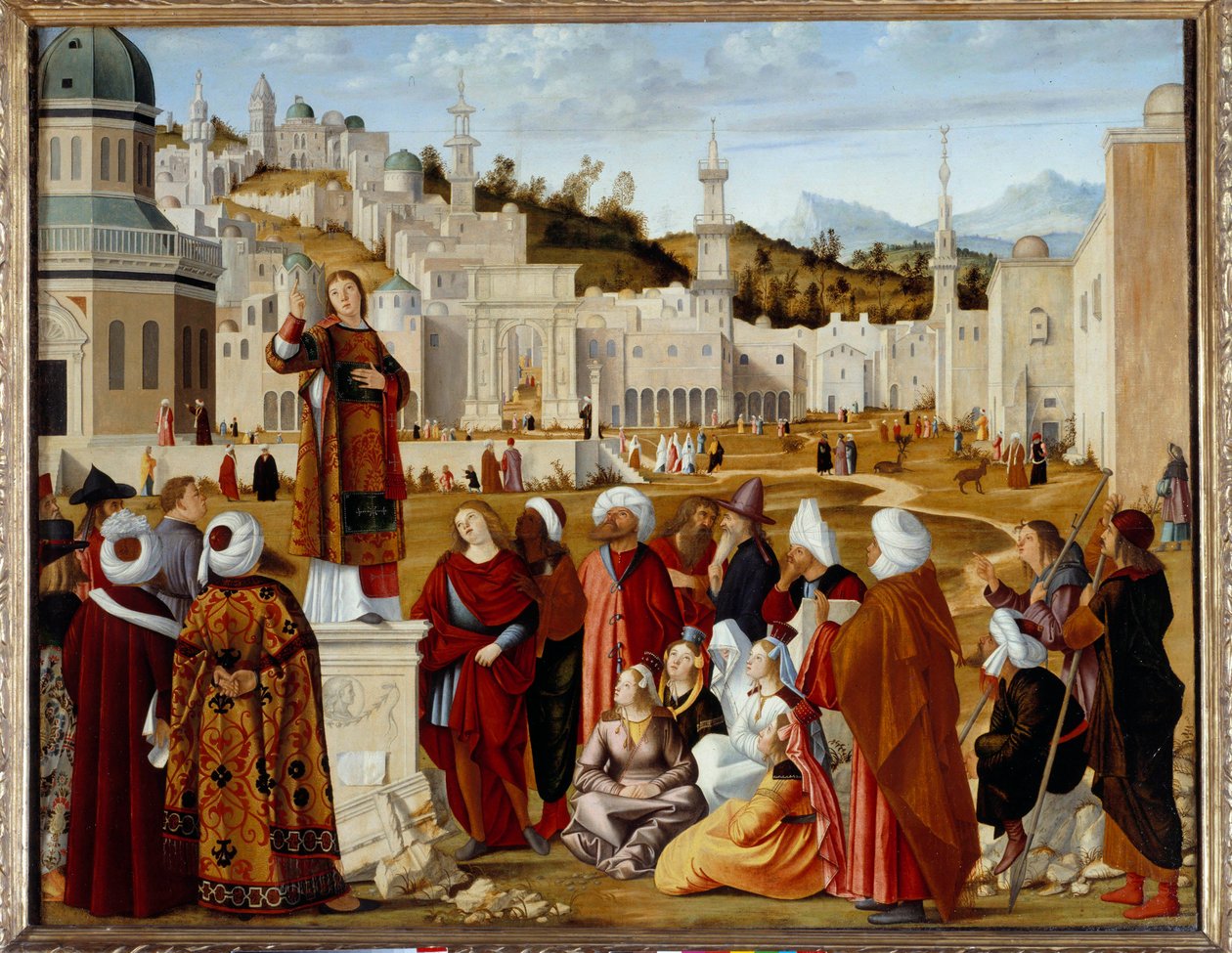 Aziz Stephen'ın Kudüs'teki Tahmini Venedik'teki Scuola si Santo Stefano kilisesi için yapılmış bir serinin resim bölümü. Resim Vittore Carpaccio (1450/54-1525/26) Sun. 1,4x1,9 m - Kudüs'teki Aziz Stephen (St. Etienne) Vaazı. Bilişim Teknolo by Vittore Carpaccio