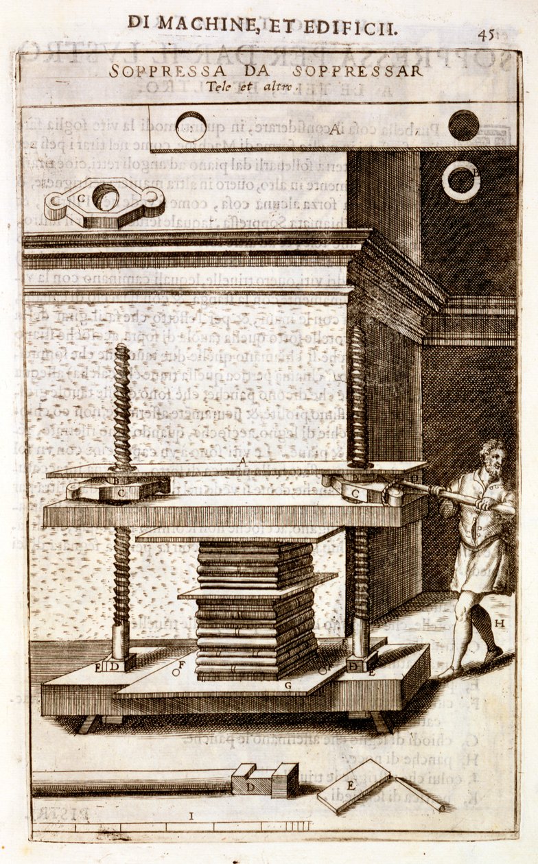 Folyo kitaplar için bir kitap presi, 1607 by Vittorio Zonca
