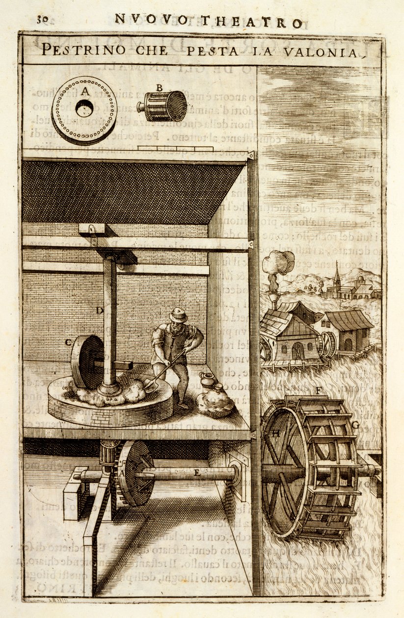 Suyla çalışan bir kırma veya öğütme makinesi, 1607 by Vittorio Zonca