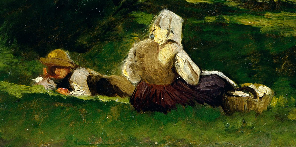 Vittorio Avondo (1836-1910) tarafından çimlerin üzerinde yatan oturan kadın ve oğlan. by Vittorio Avondo
