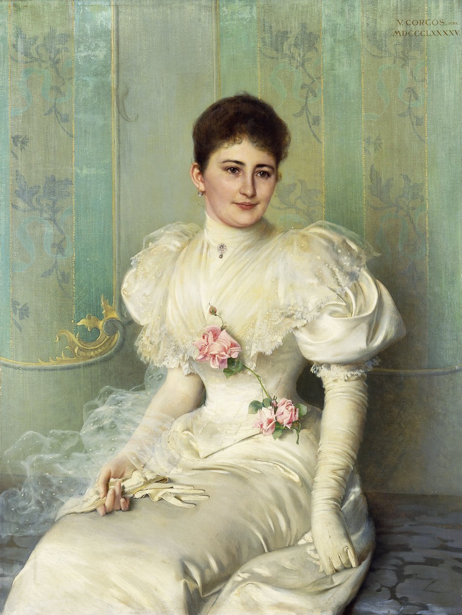 Beyaz bir elbise giymiş, dörtte üç boyunda oturan bir Hanımefendinin Portresi by Vittorio Matteo Corcos