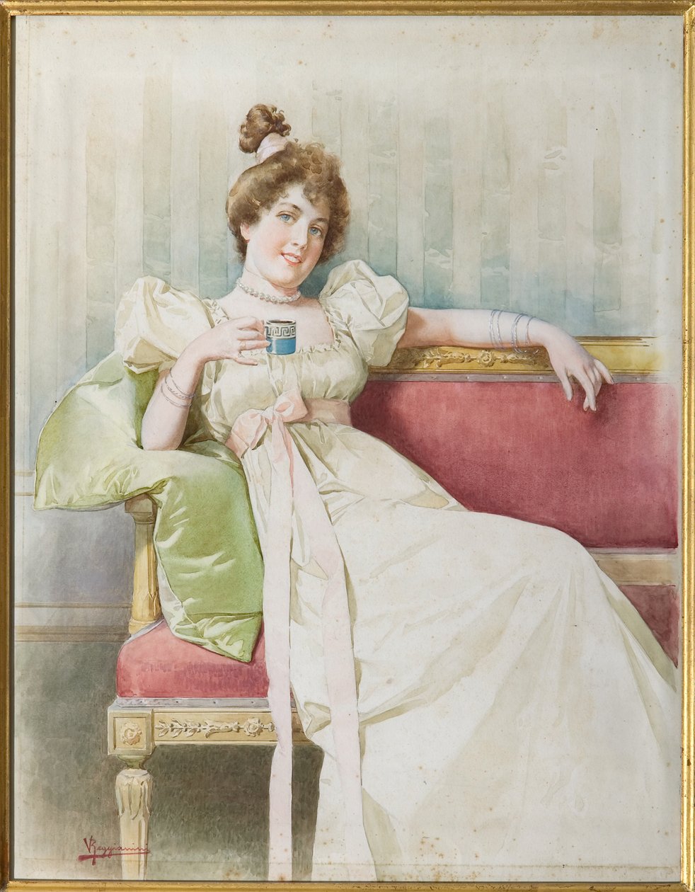 Kanepedeki bayan (kağıt üzerine sulu boya) by Vittorio Reggianini