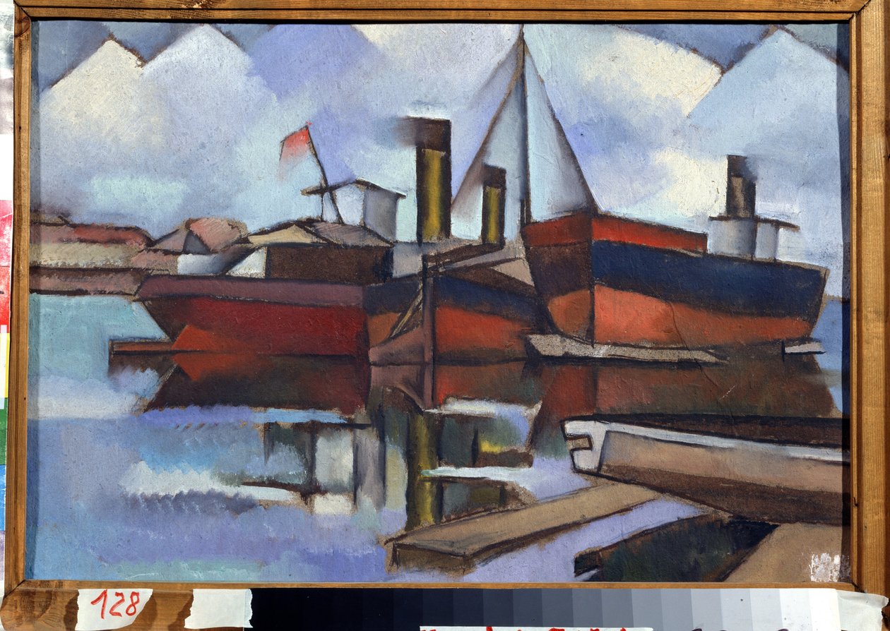 Buharlı tekneler - Tablo Vladimir Davidovich Baranov Rossine (Baranov-Rossine) (Wladimir Daniel Baranoff Rossine (Baranoff-Rossine) (1888-1944) tarafından yapılmış - Tuval üzerine yağlı boya, 35.5 x 51.5 cm by Vladimir Davidovich Baranov Rossine