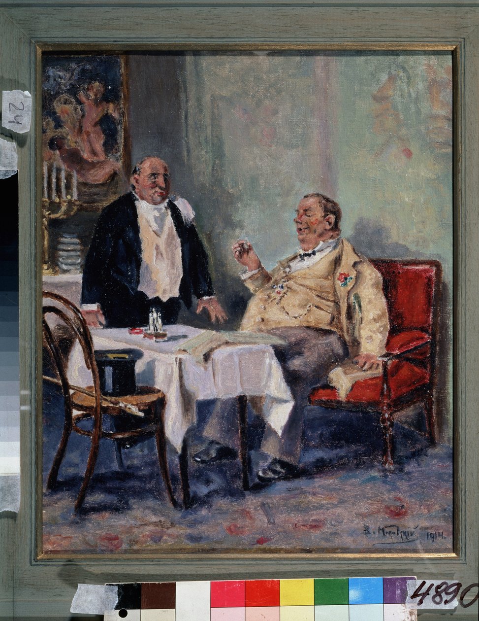 Restoranda (Restoranda). Obez ve memnun bir adam, iliğinde bir çiçek, akşam yemeğinin sonunda garsonu tebrik eder. Vladimir Yegorovich Makovsky