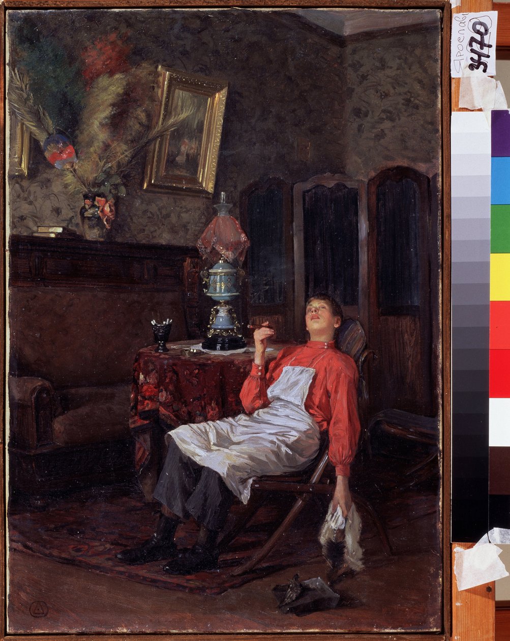 Sahibinin yokluğunda. Önlüğü ve temizleme aleti olan genç bir hizmetçi bir sandalyeye yığılmış ve bir puro içiyor. Vladimir Yegorovich Makovsky (Makovsky, Makovskij) (1846-1920) tarafından resim, tuval üzerine yağlıboya, c by Vladimir Egorovic Makovsky