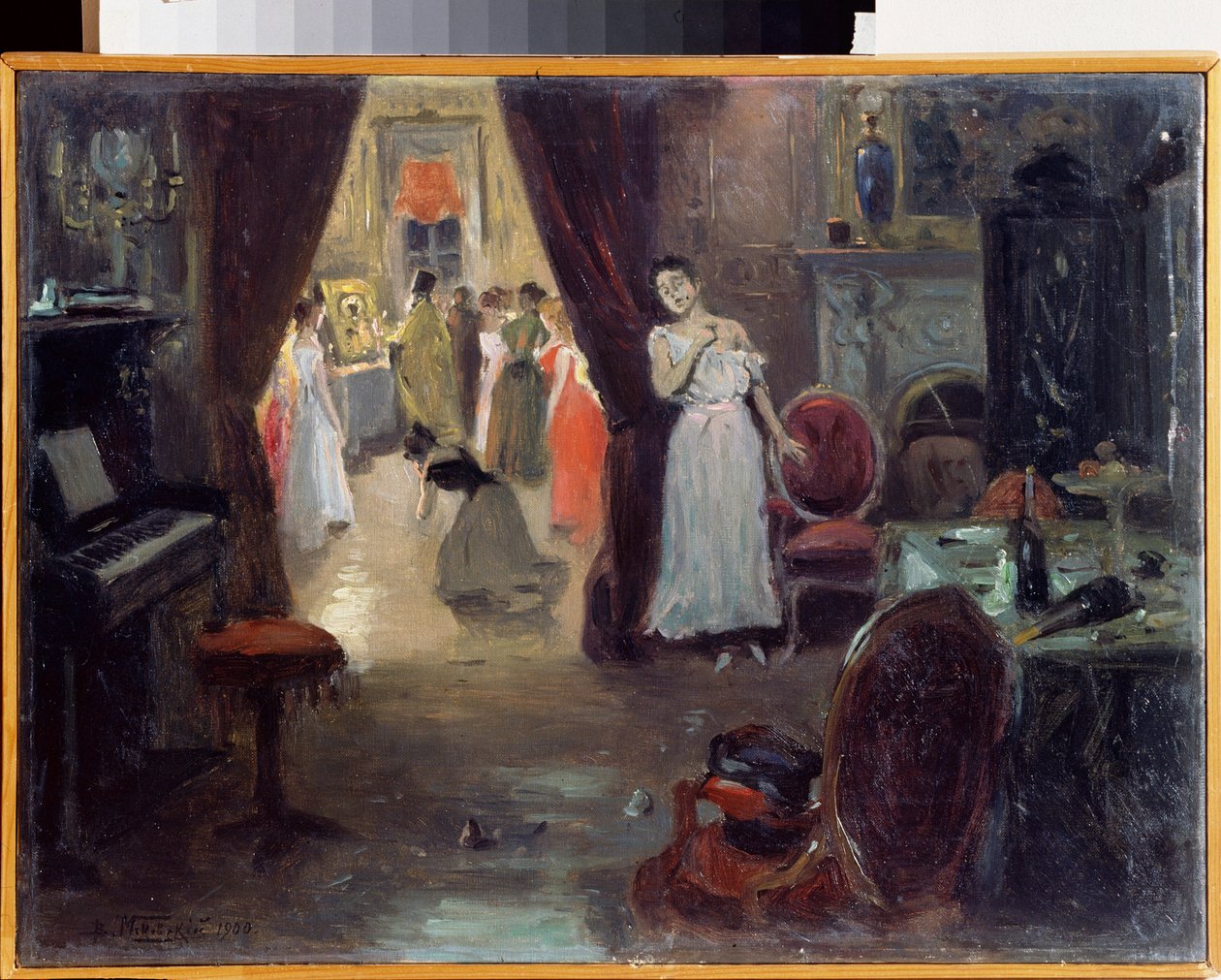 Bir genelevin nimeti. (Kardeşin Kutsanması). Bir genelevde fahişeler bir ikonun ve mumların önünde dua eden bir Ortodoks rahibin arkasında toplanır, bazıları ağlar ya da ağıtlarlar. Ön planda bir piyano ve bir by Vladimir Egorovic Makovsky