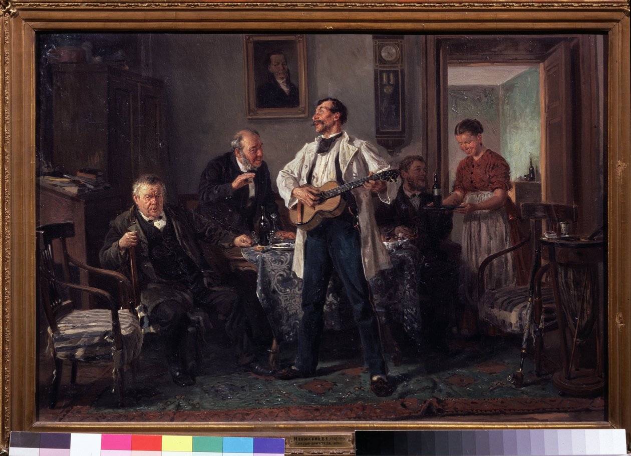 Arkadaşlar. Bir oturma odasında bir masanın etrafında toplanmışlar, bir kadın onlara yeni bir şişe şarap getirirken şarkı söyleyen bir gitaristi dinliyorlar. Vladimir Yegorovich Makovsky (Makovsky, Makovskij) (1846-1920) tarafından boyama, t üzerine yağlı  by Vladimir Egorovic Makovsky